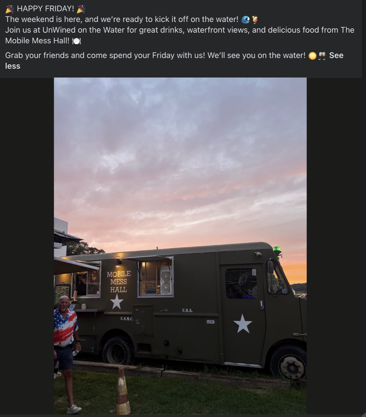 The Mobile Mess Hall food truck parked at UnWined beneath a sunset sky