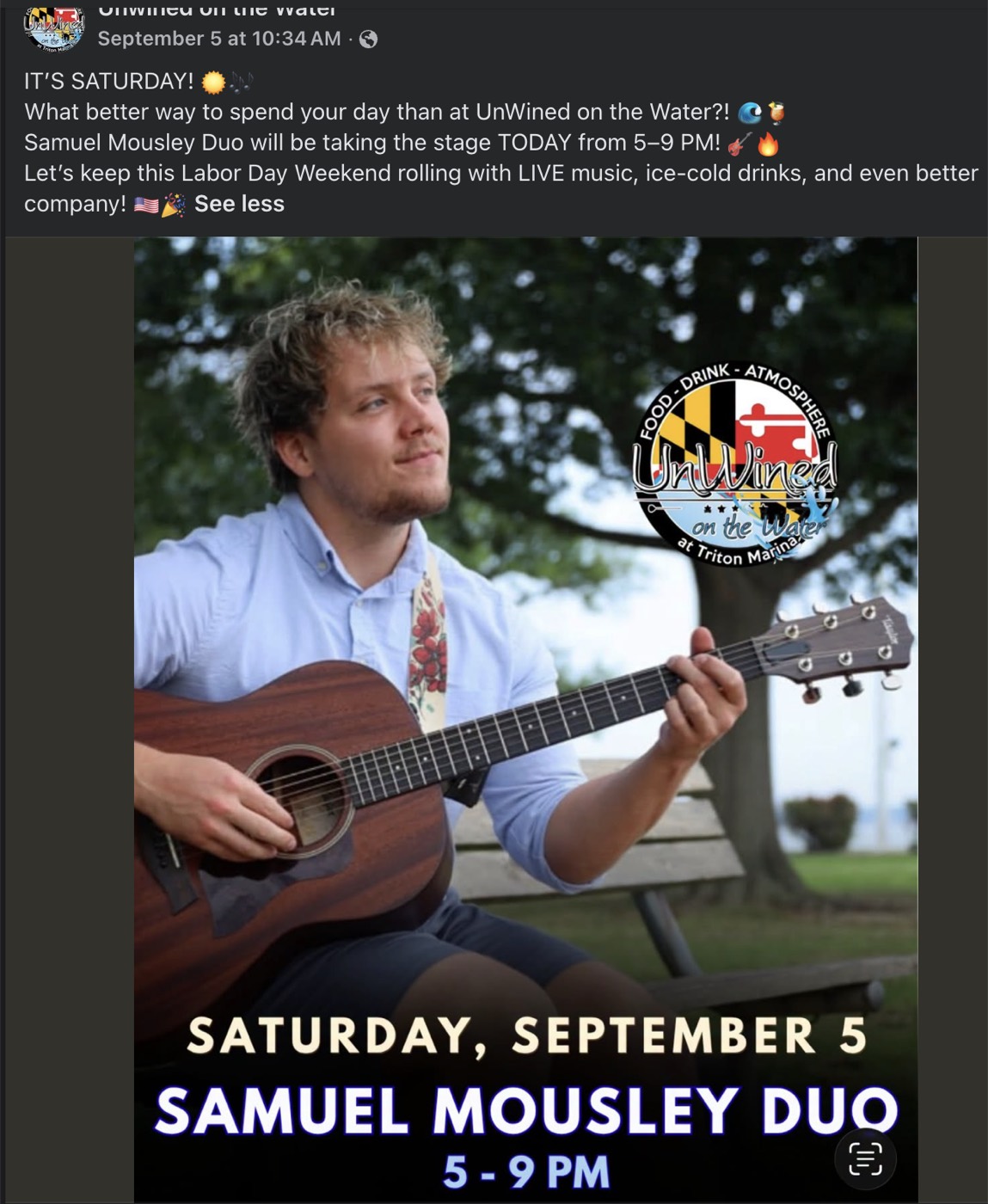 Samuel Mousley playing acoustic guitar for an UnWined event