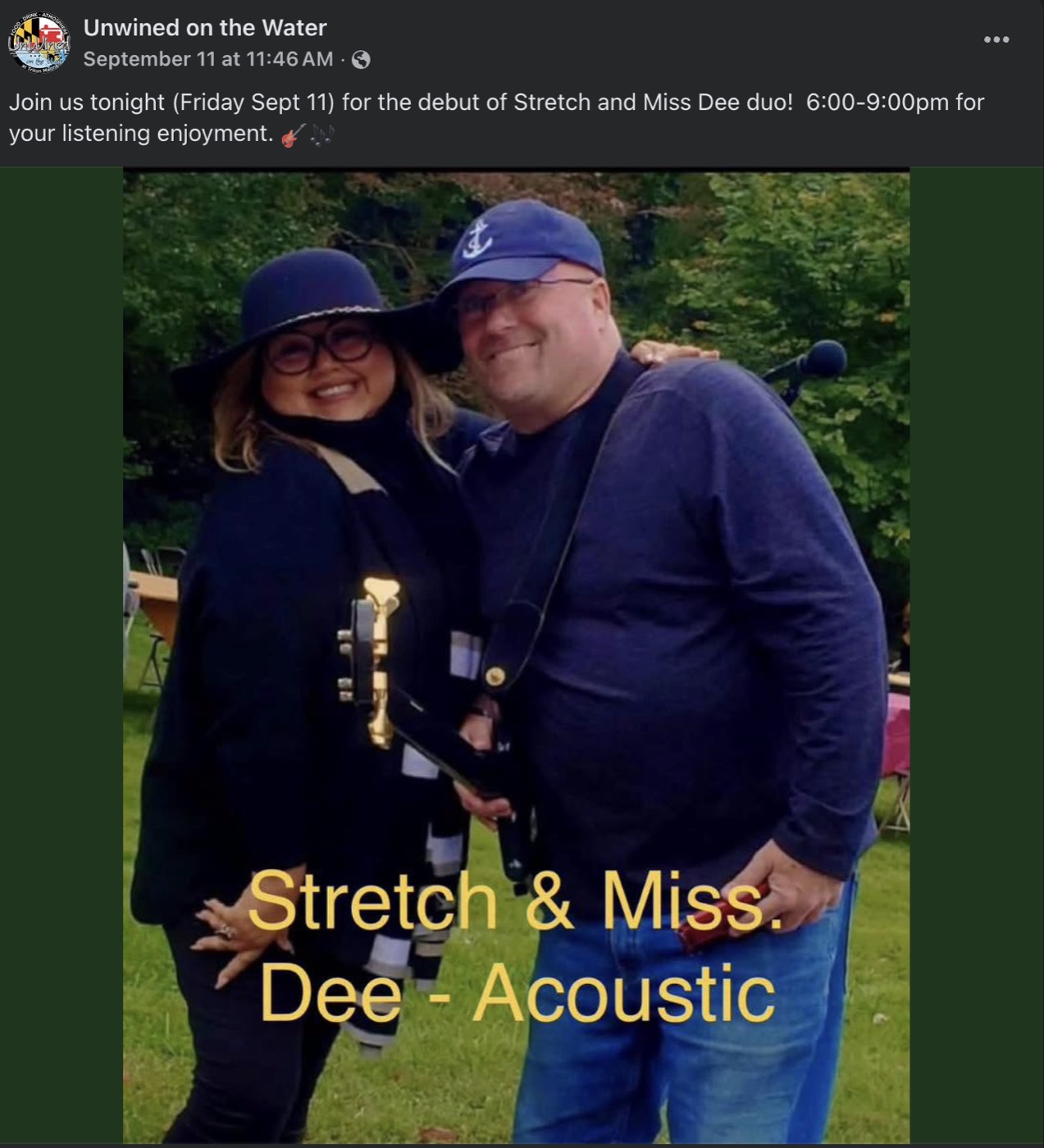 Acoustic duo Stretch and Miss Dee smiling together