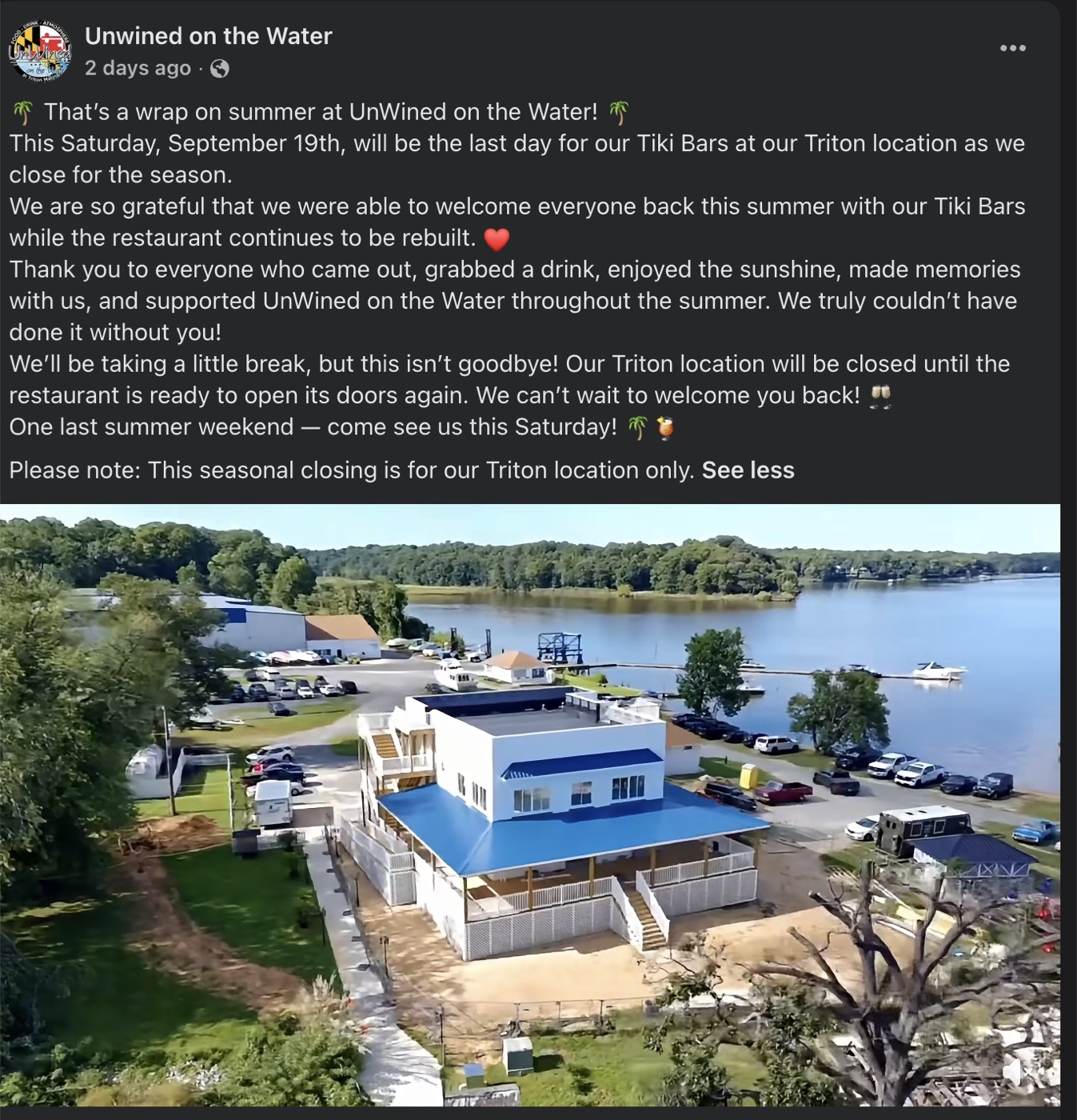 Aerial view of UnWined on the Water, Triton Marina, and the Elk River