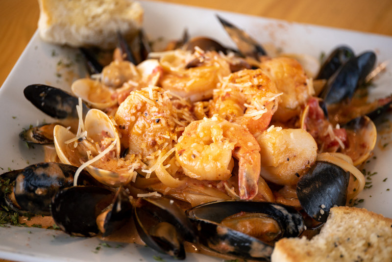 Chesapeake seafood pasta with shrimp, scallops, mussels, and clams